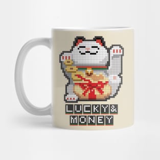 Maneki Neko Lucky & Money Japanese chubby white cat pixel art Mug